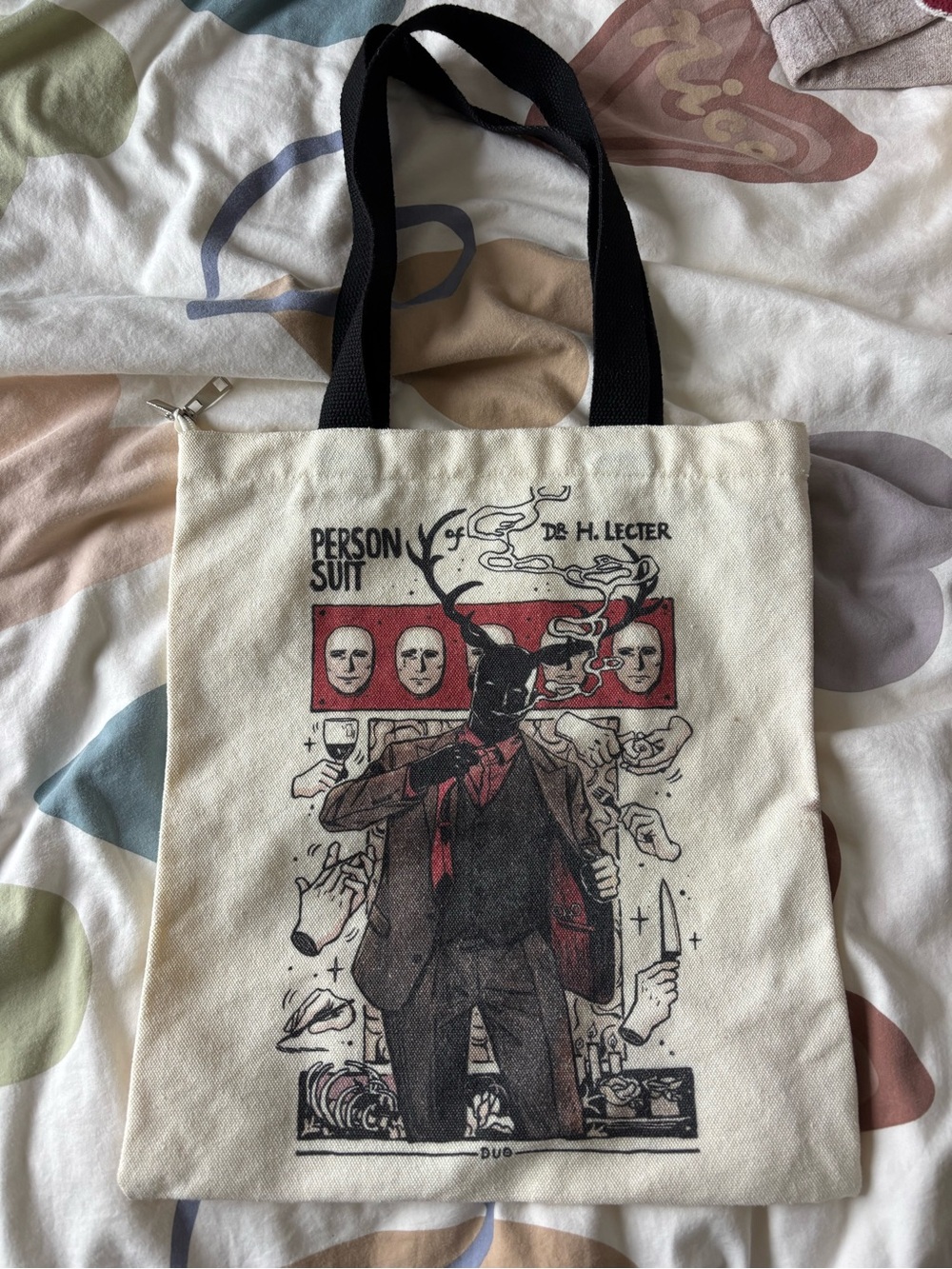 Beige Graphic Canvas Tote Bag with Black Handles – Men’s Travel Tote